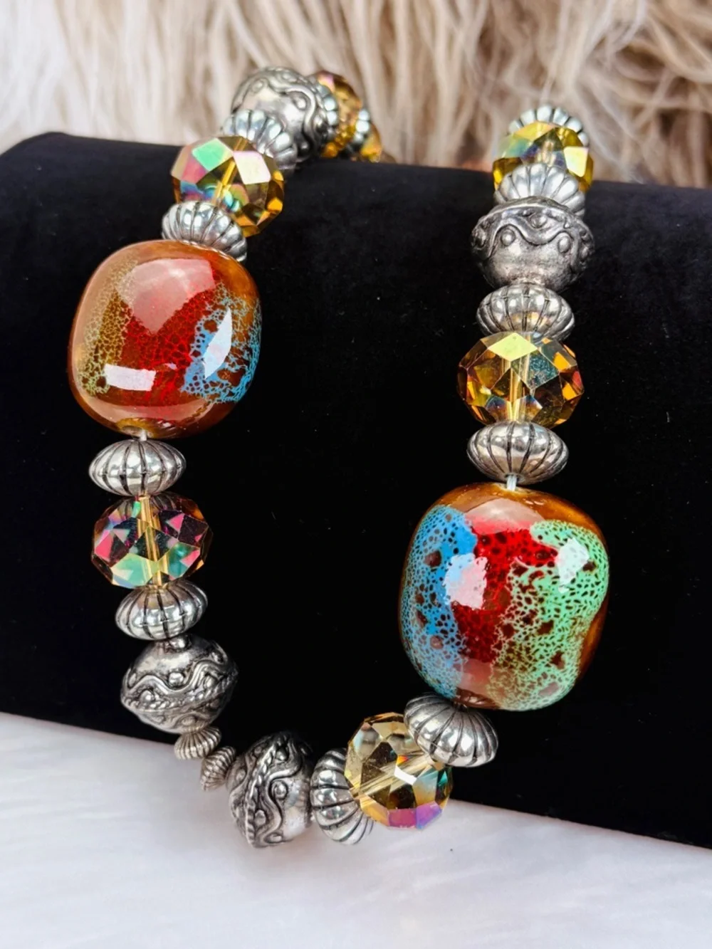 Bohemian, chunky glass beaded weighted statement, necklace